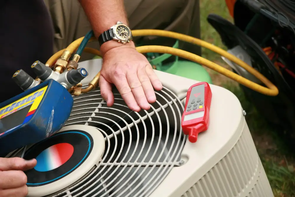Technician doing maintenance on an air conditioning unit