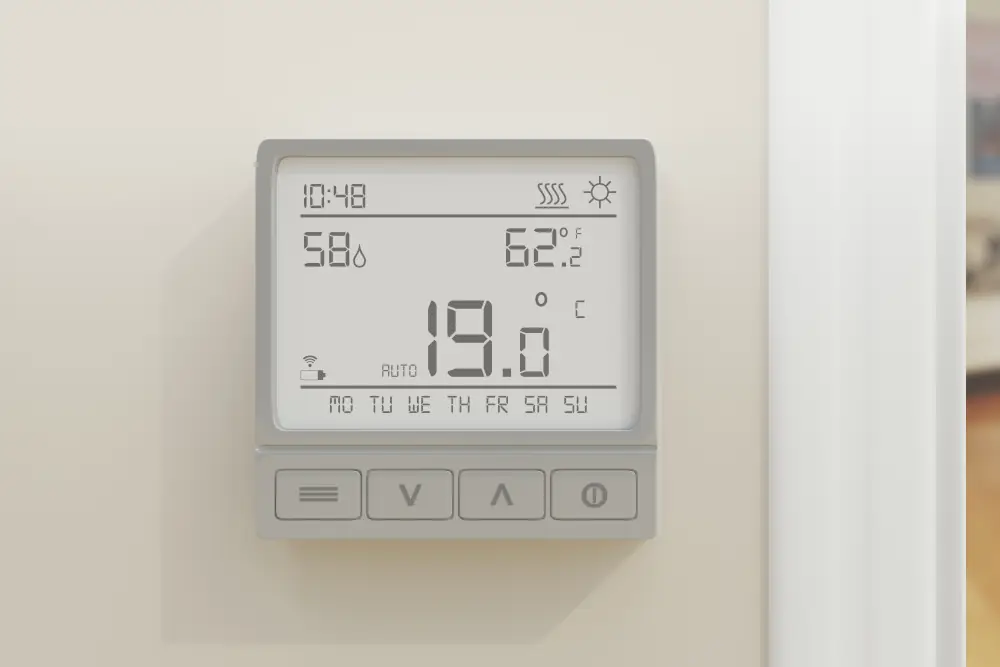 Heat pump rebates with Canada's Greener Homes Grant - Picture of a wall mounted digital thermostat
